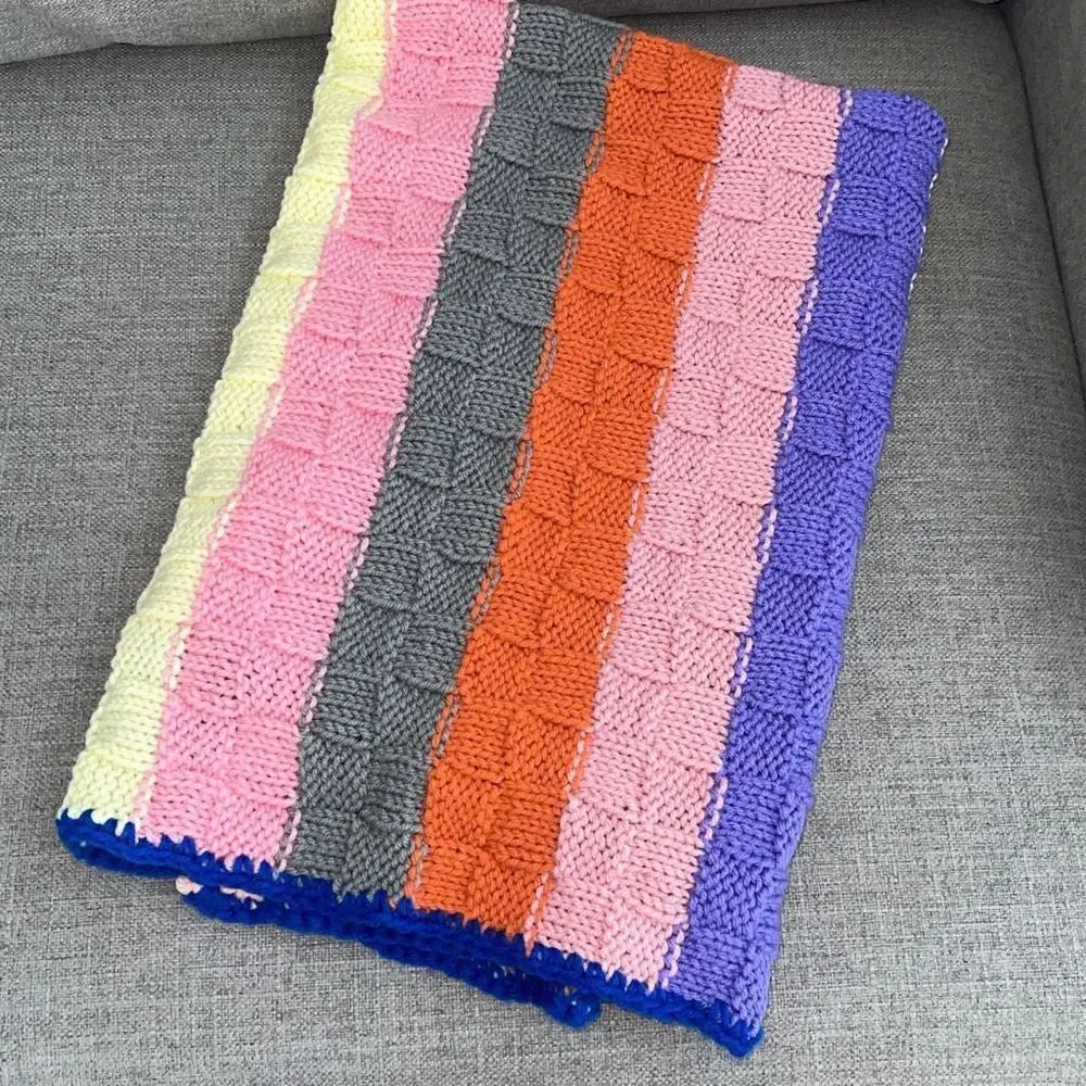 Handmade Multicolor Basketweave Knit Stitch Square Granny Baby Throw Blanket 36”